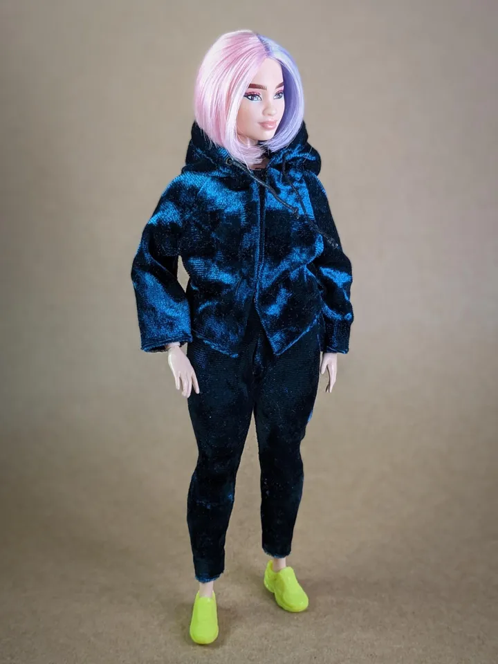 Handmade casual green velvet two-piece set (hoodie and leggings) for 1/6 scale fashion female dolls