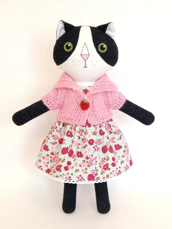 Tuxedo cat girl, handmade plush kitten toy, stuffed wool doll, soft cat toy
