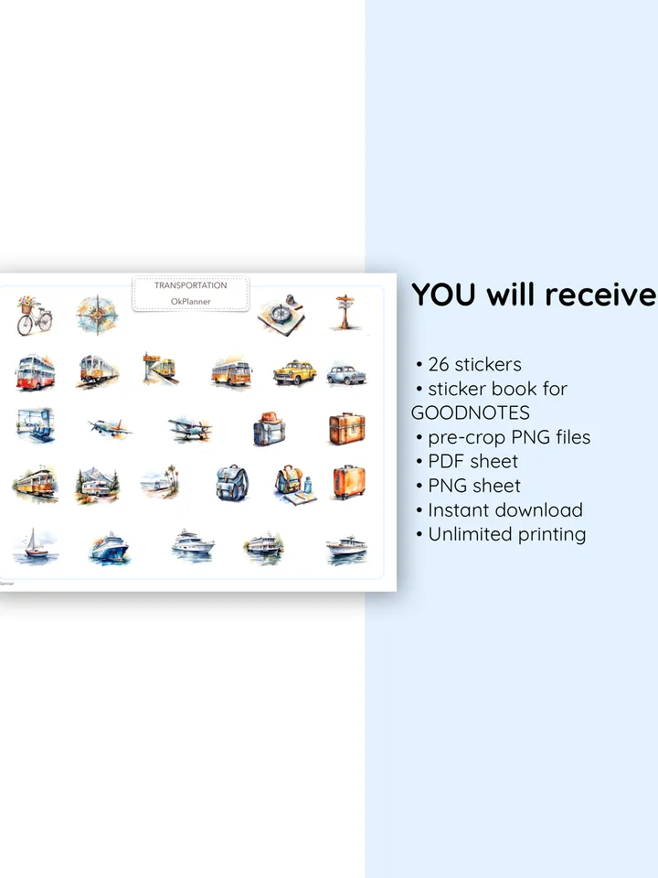 Transportation stickers for Digital Planner, Bullet Journal, Scrapbook. Travel planning. Family vacation. Vehicle sticke