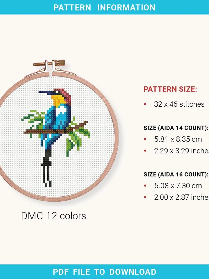 Small Bee-eater bird Cross stitch pattern PDF, Mini bird embroidery, beginner counted, Modern chart, DIY, embroidery, instant Download