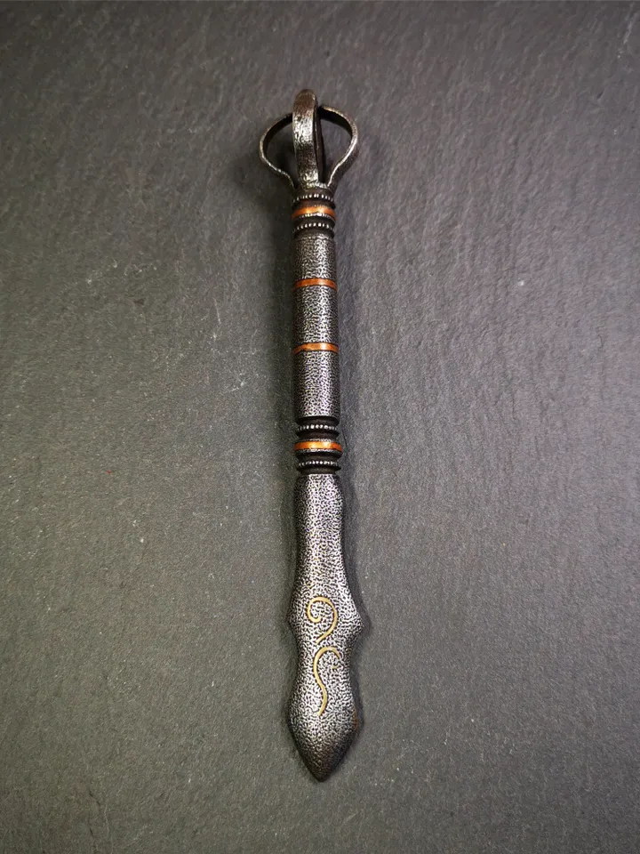 Gandhanra Handmade Tibetan Buddhist Ritual Implement - Kila -Dorje Phurba,Made of Cold Iron inlaid with Copper,5.1"