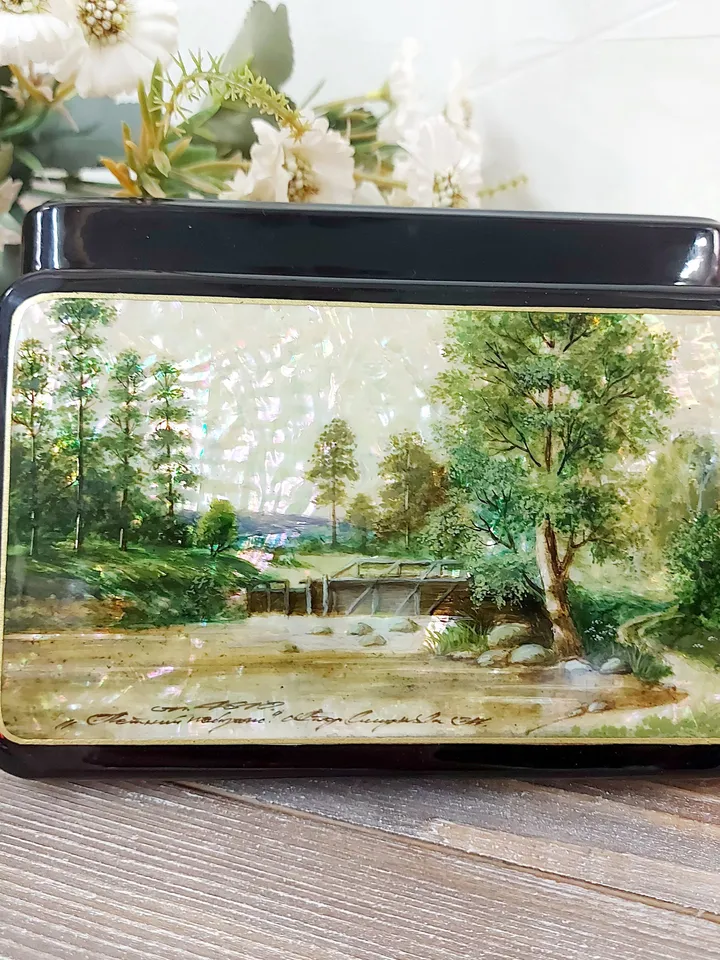 Lacquer Box "Summer landscape" Hand-painted miniature painting. Jewelry box Mother of pearl Papier-mache. Home decor. Christmas gift