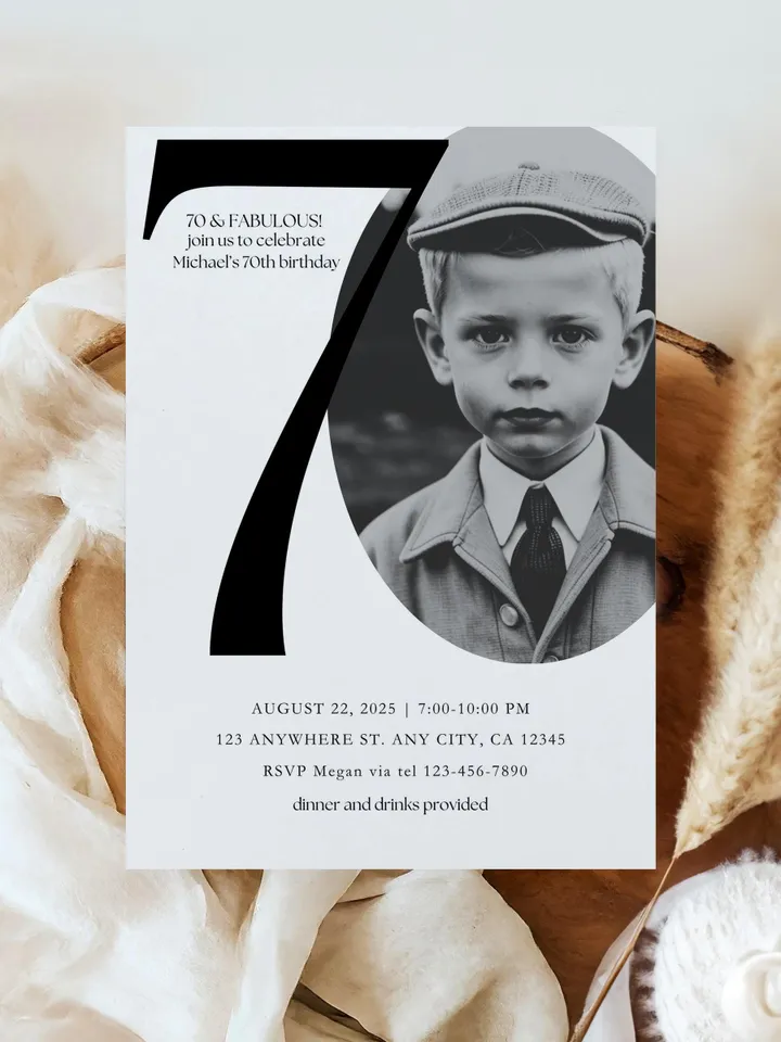 70th Birthday Party Invitation Card, Look Who's 70, Editable 70th Birthday Card Template, Printable Minimalist Birthday Photo Card Canva