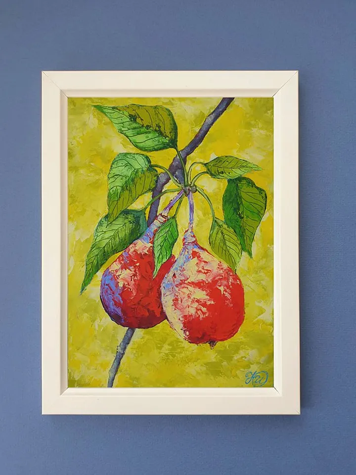 Pear Painting Fruit Original Art Food Wall Art Kitchen Small Oil Painting