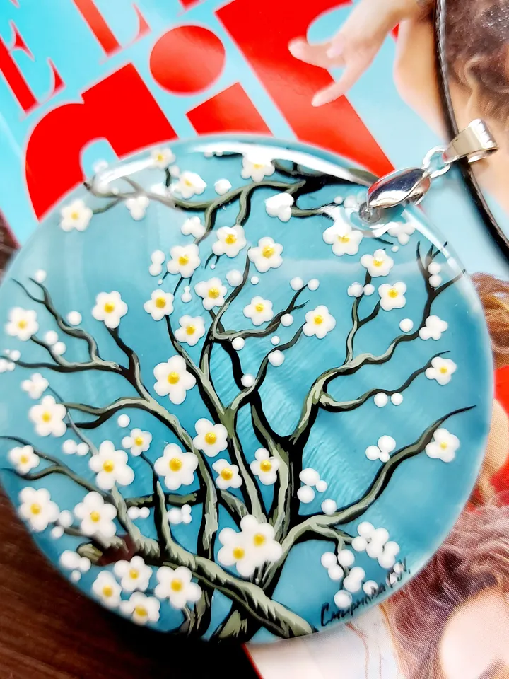 Pearl pendant necklace: Almond Blossoms by Vincent van Gogh on stylish mother of pearl necklace • Hand painted aesthetic pendant for women