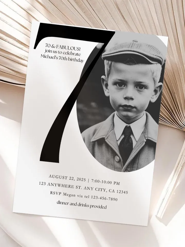 70th Birthday Party Invitation Card, Look Who's 70, Editable 70th Birthday Card Template, Printable Minimalist Birthday Photo Card Canva