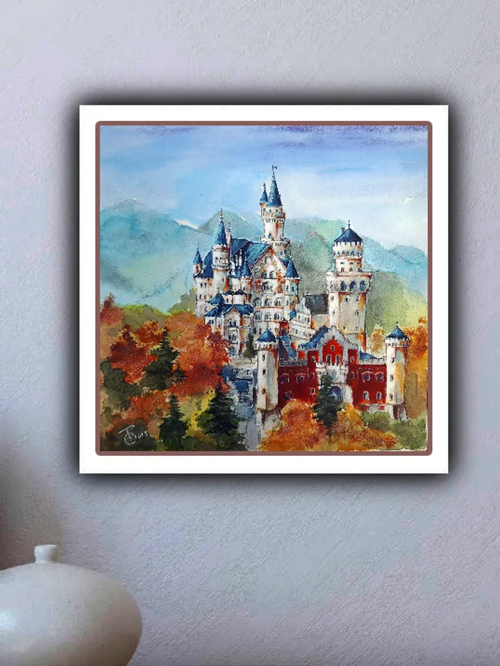 Watercolor painting Swan Castle. Bavaria 28x29,5 cm (11х11,6 inches)