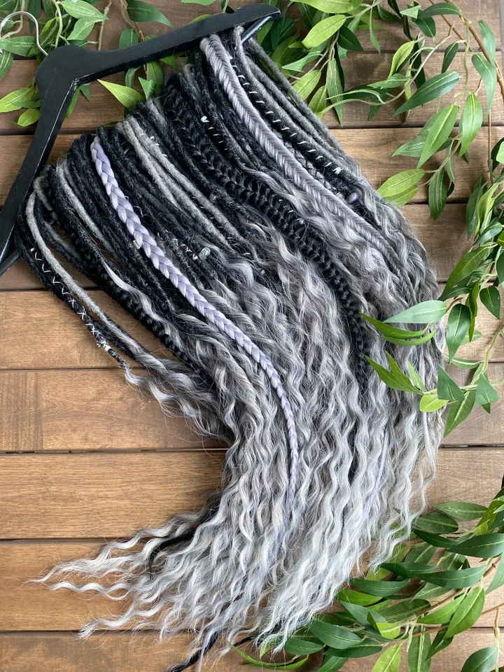 Black and gray synthetic crochet curly Double ended Dreads Ready to ship