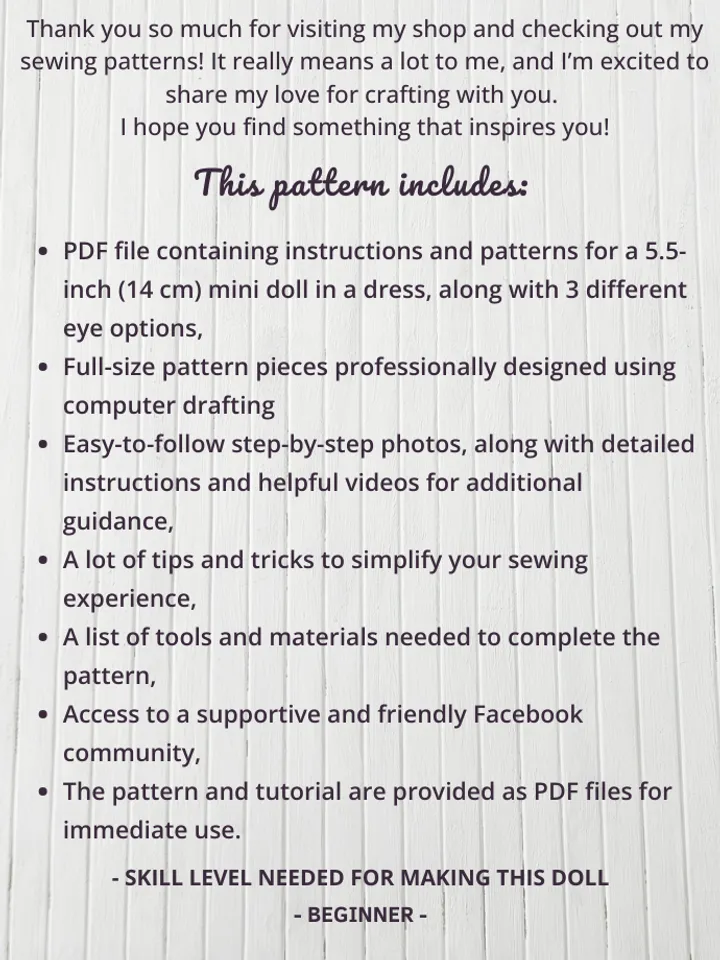 PDF Mini Fabric Doll in a dress 14cm (5.5") sewing pattern and tutorial