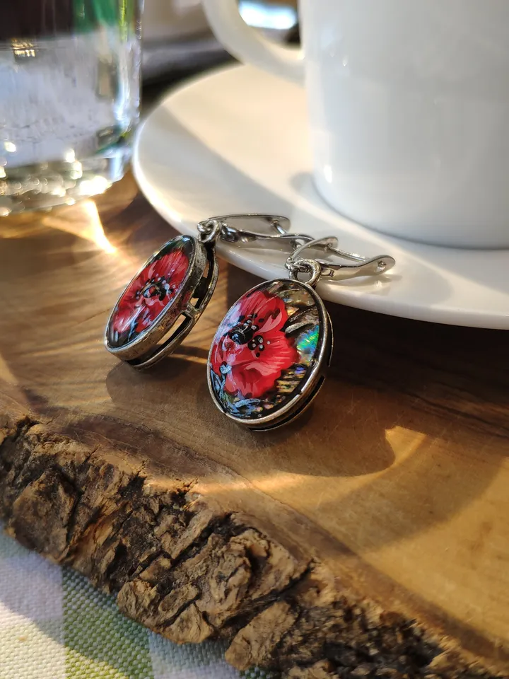 Pearl earrings: Tiny Elegant Red Pearl Earrings with hand painted Poppies • Aesthetic Handmade jewelry art earrings • Dainty gift for her