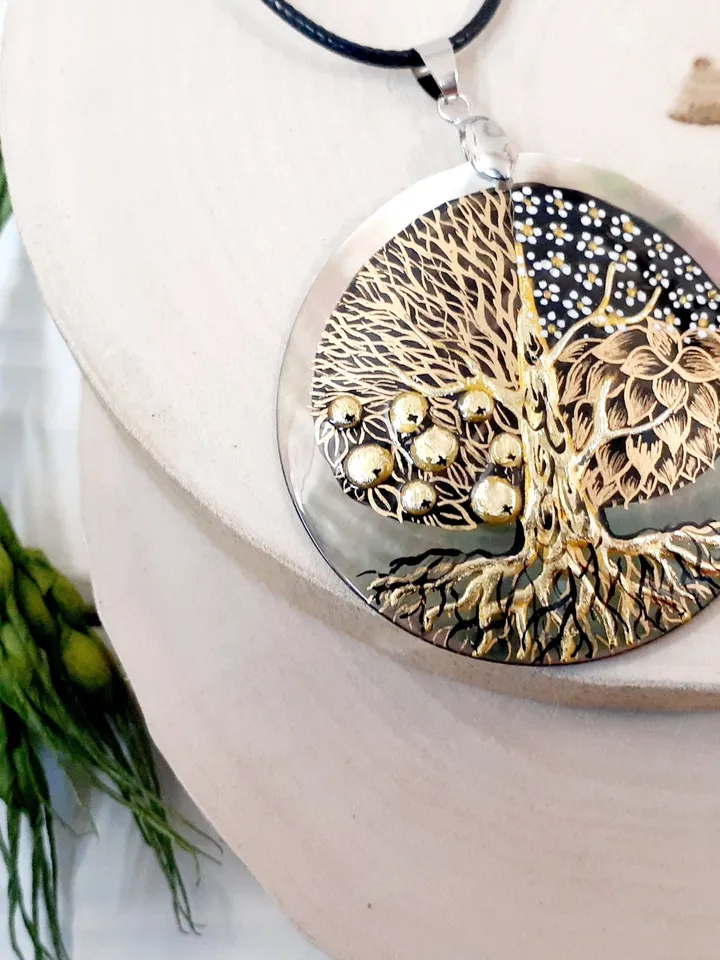 Beautifull Pendant "Tree of life"Mother-of-pearl Hand painted miniature painting magic of painting art jewelry Fedoskino Russian jewelry