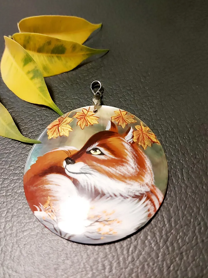 Beautiful Pendant Mother-of-pearl"Fox". miniature Hand-painte. Russian jewelry. Art gift.Wildlife gift. Fox lover gift. Forest jewelry.