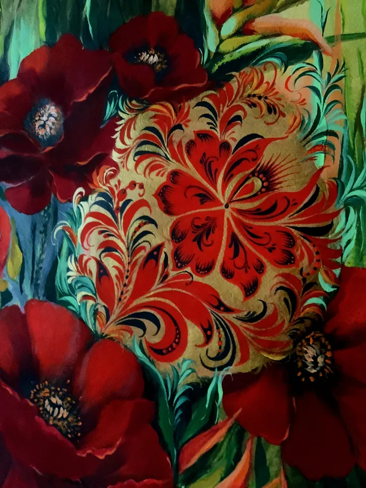 Poppies Painting Folk Art, Traditional art style Khokhloma