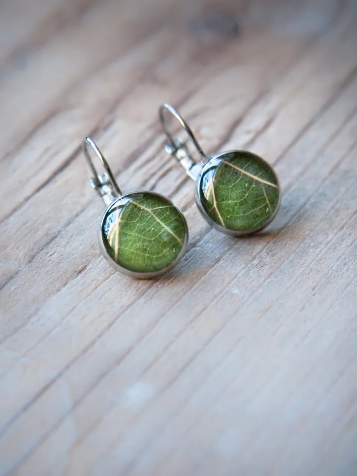 Green leaf earrings. Real leaves resin jewelry