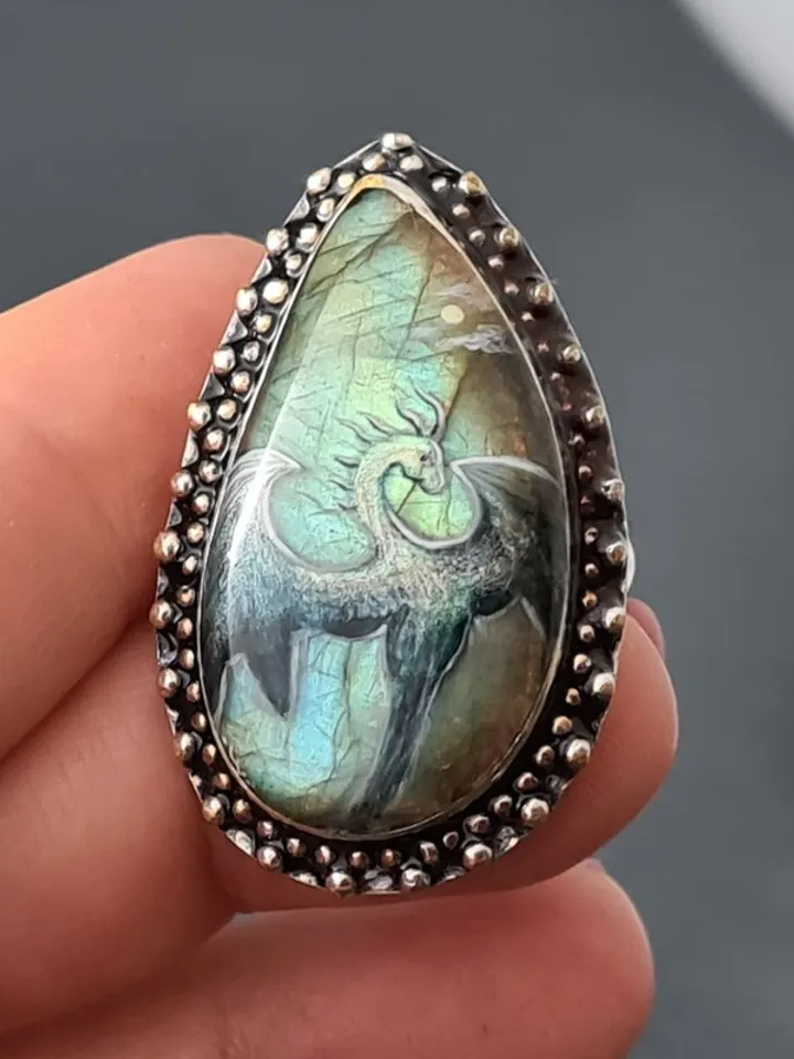 Dragon ring Labradorite ring Stone painting dragon Aaa large labradorite ring