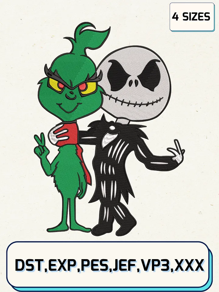 Jack Skellington And Grinch Embroidery Design,Christmas Embroidery Designs,Machine Embroidery Files,Jack Skellington Embroidery Design,4 Sizes