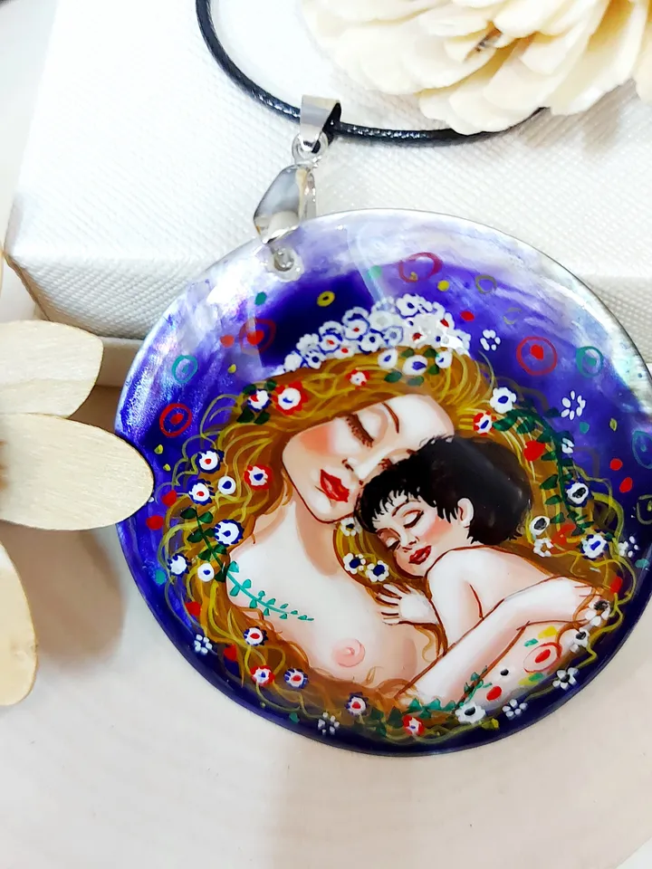 Pendant "Mother and child" Gustav Klimt Mother-of-pearl hand-painted Russian jewelry Summer jewelry fine art jewelry miniature painting