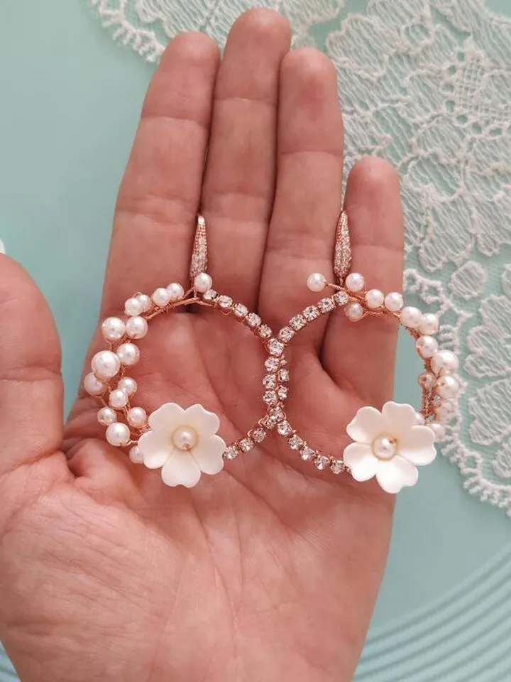 Rose Gold Hoop Floral Wedding Earrings, Porcelain Flower Bridal Earrings, Crystal Chandelier Statement Earriungs, Pearl Bridal Jewelry,