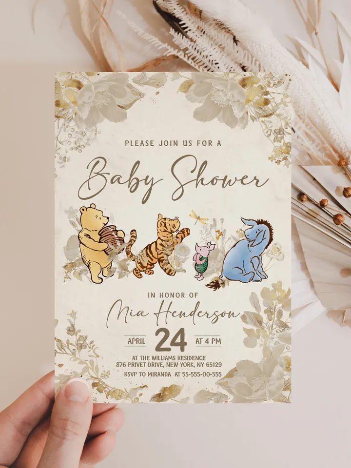 Classic Winnie Pooh Baby Shower Suite; Pooh Baby Shower Editable Template; Neutral  Flowers Baby Shower Bundle; Baby Shower trend of 2023