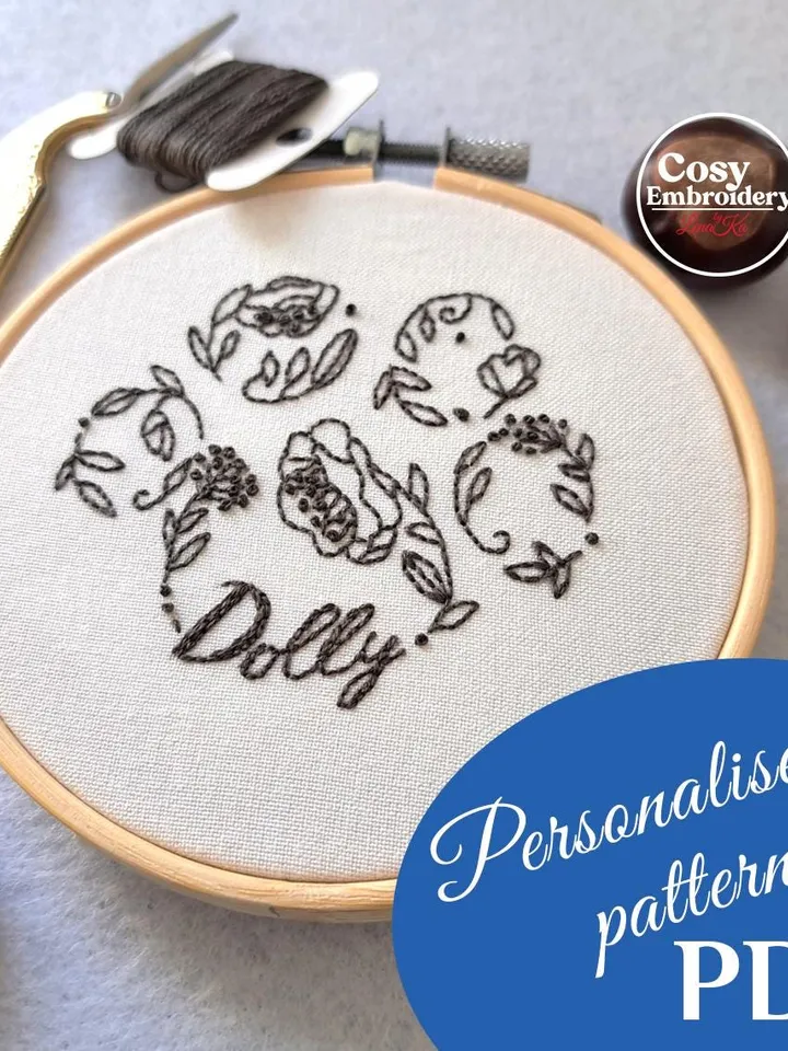 Personalized Pet Paw Embroidery Pattern Custom Dog Cat Name Design Step-by-Step Beginner Friendly PDF Tutorial DIY Unique Hoop Art