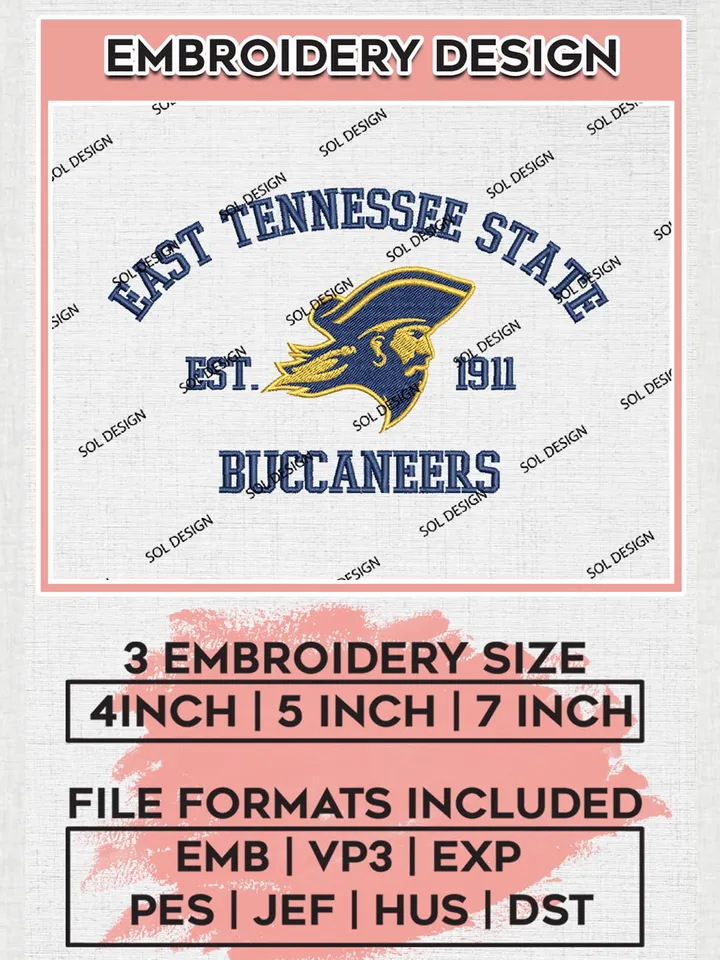 East Tennessee State Buccaneers Est 1911 Embroidery Designs, NCAA East Tennessee State Buccaneers Team Embroidery, NCAA Team Logo, 3 sizes, Machine embroidery Files, Digital Download