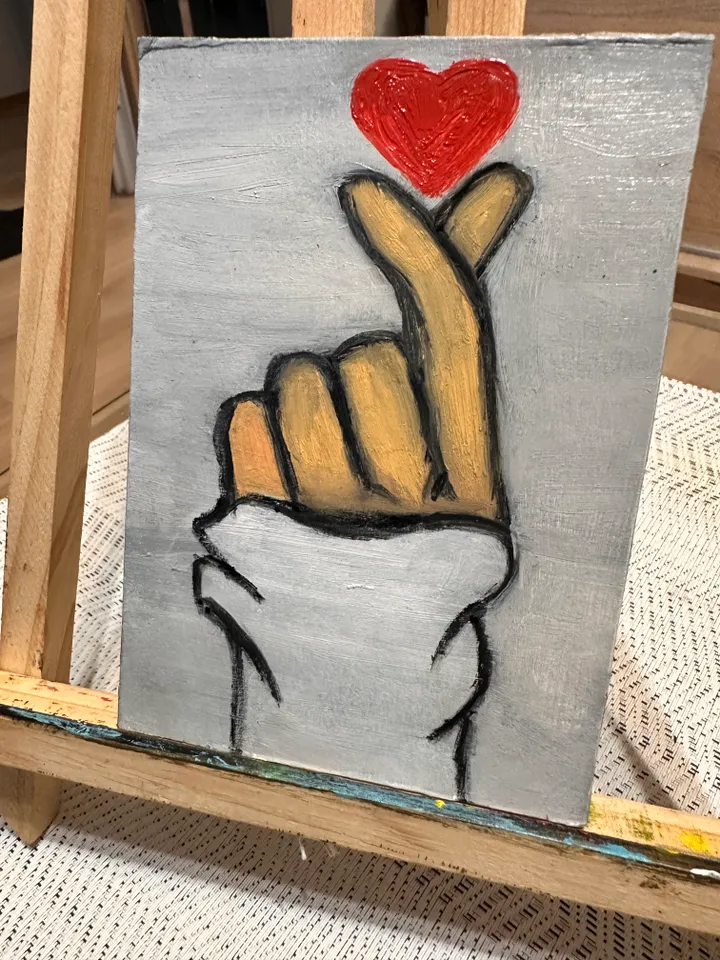 Oil Painting Female Hand Sign ,,Heart,, Figurative People Cardboard 6x4 inch 15x10 cm Miniature Wall Decor Gift