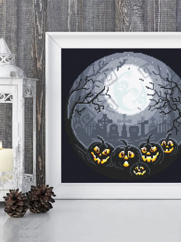 Scary Halloween cross stitch pattern download PDF, Full moon cross stitch chart, Halloween pumpkin cross stitch, Graveyard embroidery #H41