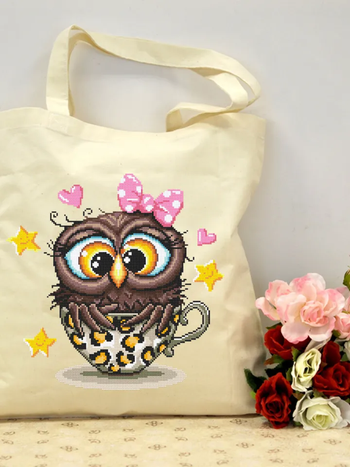Cute owl cross stitch pattern digital PDF Leopard print cup cross stitch Instant download PDF Funny bird xstitch chart Modern Home decor #D5