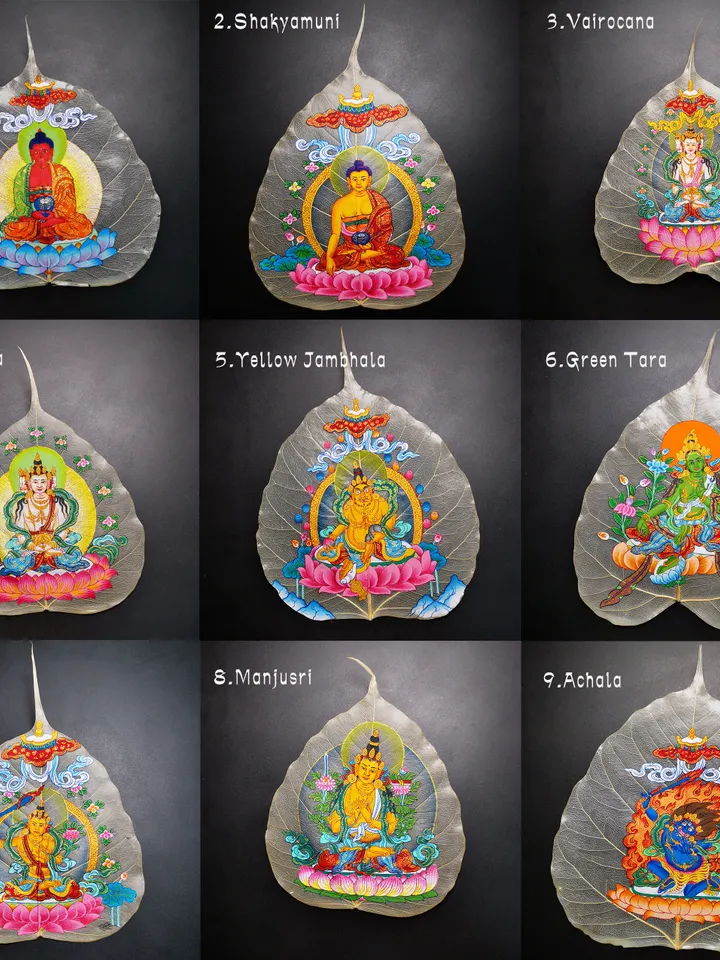 Gandhanra Handpainted Bodhi Leaf Thangka,Packed in Wooden Picture Frame,Painted with Natural Mineral Pigments,Green Tara Thangka