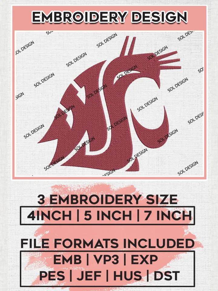 Washington State Cougars Logo Machine Embroidery Design, NCAA Washington State Cougars Embroidery Design Design files, NCAA Embroidery Designs, NCAA Machine Embroidery Designs, Digital Download