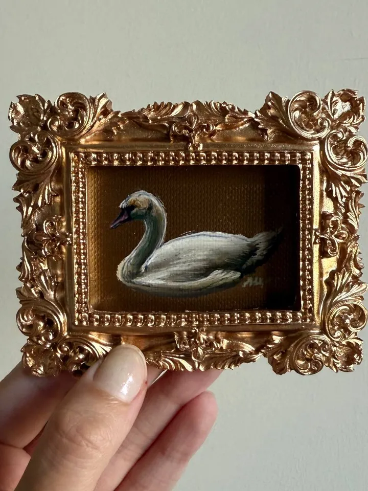 Framed Swan Oil Painting Original White Swan Art Bird Painting Gold Frame Dark Academia