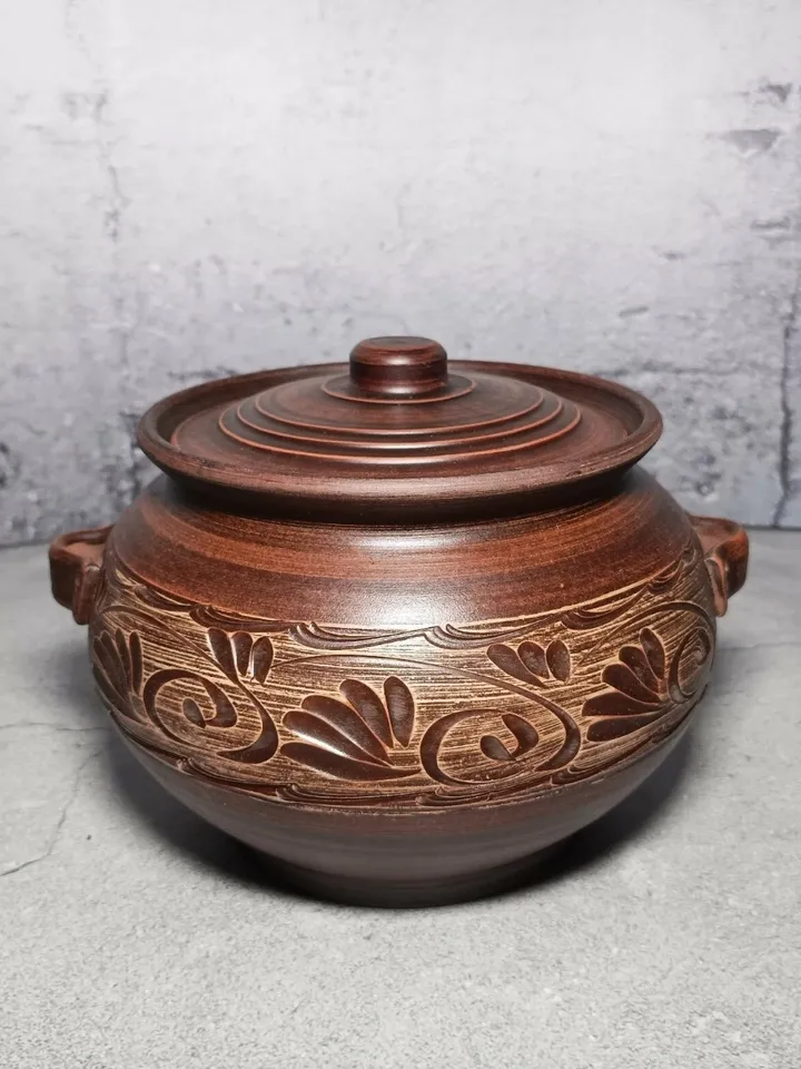 Ceramic casserole Handmade with handles and lid, carved pattern 101.44 fl.oz