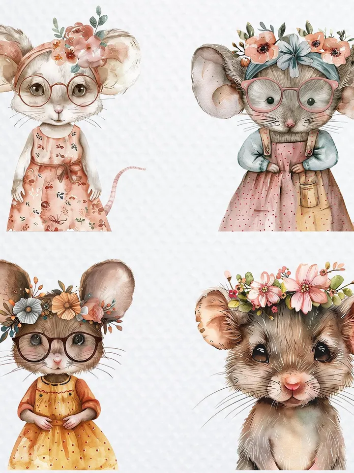 21 Boho Mouse PNG Bundle, Cute cartoon Mous, Watercolor clipart for sublimation, High Quality scrapbook images, Paper craft, junk journal