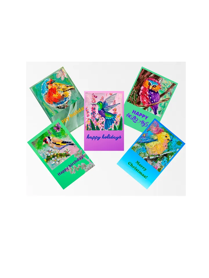 Holiday Birds Assorted Cards, Set of Greeting Cards, Cute Bird Cards to Download, Greeting E-Cards