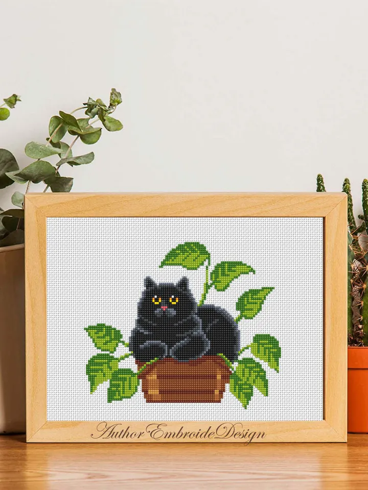Black cat and plants cross stitch pattern PDF download House plant cross stitch chart, Funny cat pattern digital PDF, Cat lover gift #K45