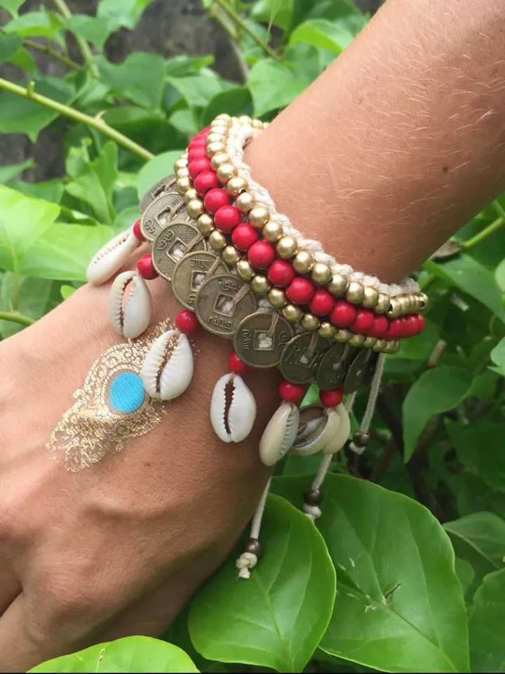 Set of two choker and bracelet | Boho Jewerly | Hippie Coachella Necklace Red | Woman Bali Tropical Shell Coins Necklace Handmade Gypsy