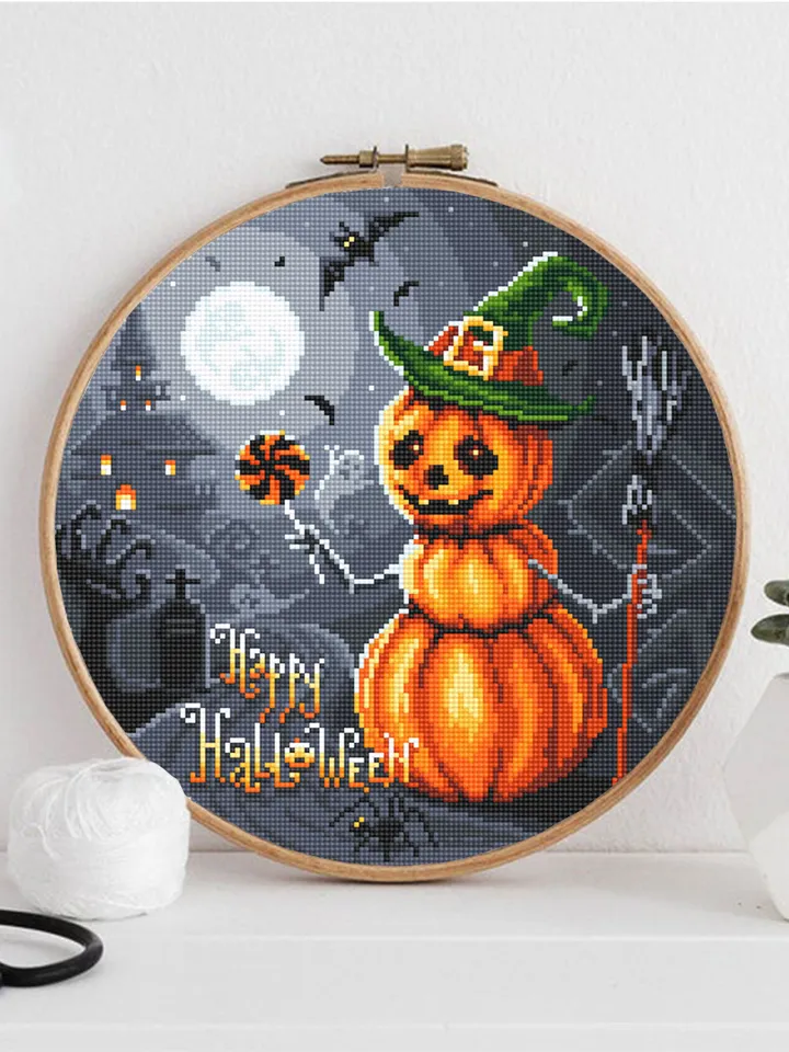 Happy Halloween cross stitch pattern download PDF Snowman pumpkin cross stitch chart, Spooky Halloween embroidery PDF, Gothic decor #H44
