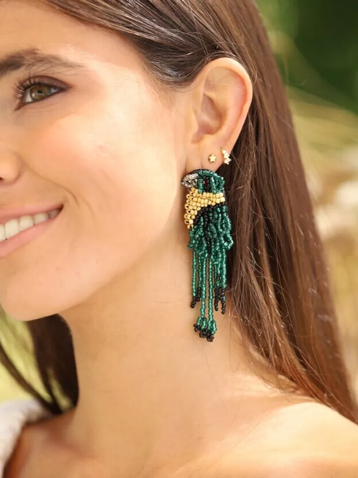 Parrot Beaded Boho Wedding Earrings For Brides, Bridesmaid Gift, Bohemian Jewelry, Hippie Jewellery, Bridal Boho Earrings, Statement Jewelry