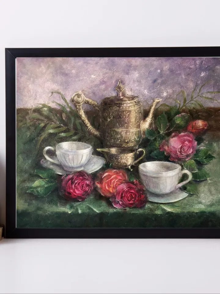 Still life Painting Original Oil Floral Still life Teacup Painting Breakfast Painting