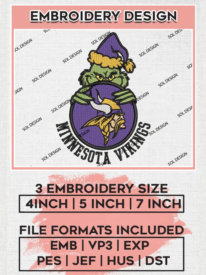 NFL Minnesota Vikings Team x Grinch Holding Ornament Logo Embroidery Designs, NFL Vikings Team Machine Embroidery Files, NFL Football Teams, 3 sizes, Grinch Machine embroidery designs, Digital Download