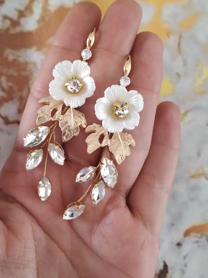 Silver, Gold Porcelain Flower Bridal Earrings, Chandelier Statement Wedding Earrings, Leaf Earrings, Boho Bridal Earrings, Crystal Earrings