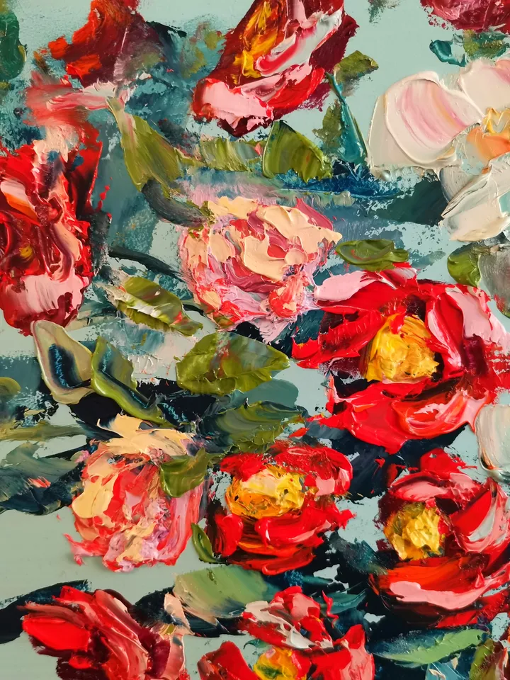 Roses Flower Coffee Candy Oil Painting Impasto Original Artist Svinar Oksana