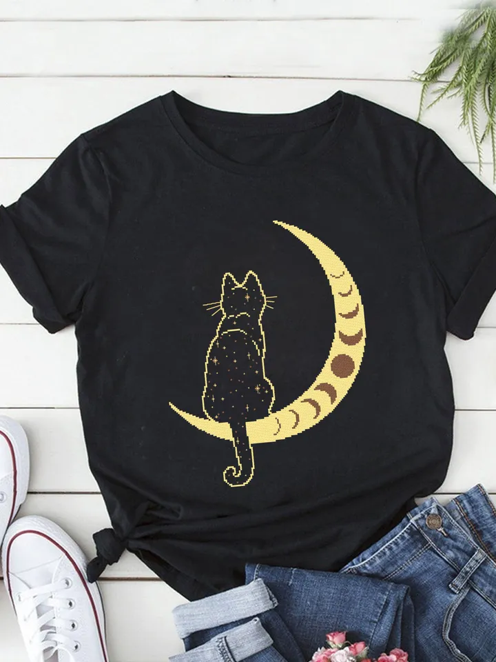 Mystical moon phase and cat cross stitch pattern download PDF Magic crescent moon cross stitch, Galaxy cat silhouette Boho cross stitch #K56