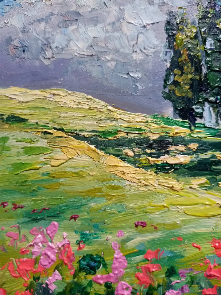 Oil painting panoramic landscape nature original handmade impressionism,panoramic scenery small art impasto wall art,green print artwork