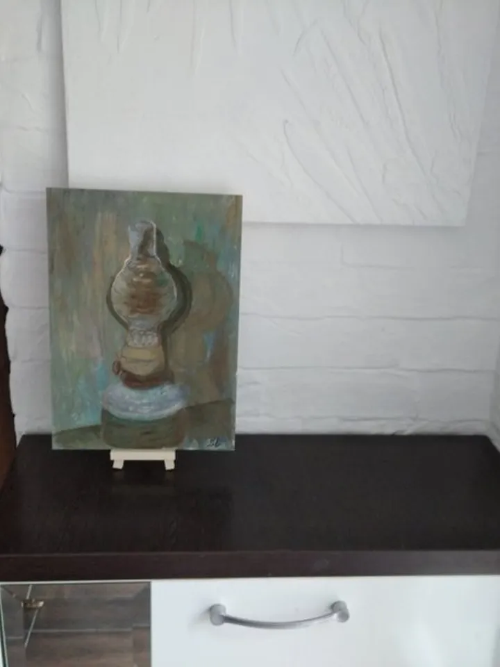 Still Life Oil Painting with Kerosene Lamp Vintage Wall Art 12x8 Inch Paper