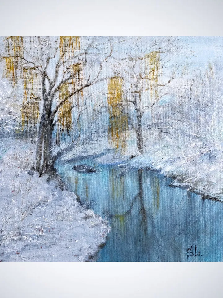 Painting Winter landscape with birches, Dawn River Reflection
canvas on cardboard 10x10 inches, oil paints