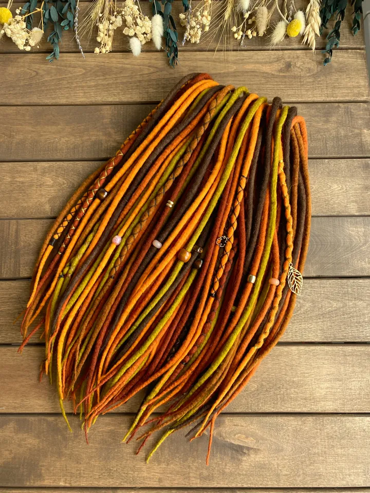 Wool Brown orange mustard green pumpkin, rust red copper Double Ended dreadlocks, Ready to ship