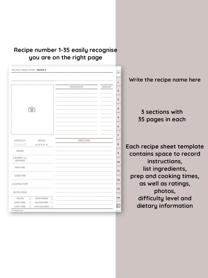 Digital Meal planner. Food diary. Weekly meal journal. Grocery list. Printable meal plan. Hyperlinked Recipe Planner