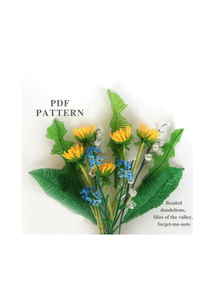 Beaded lilies of the valley, Dandelion, forget-me-nots pattern | Flower pattern | Seed bead patterns | Beadwork pattern