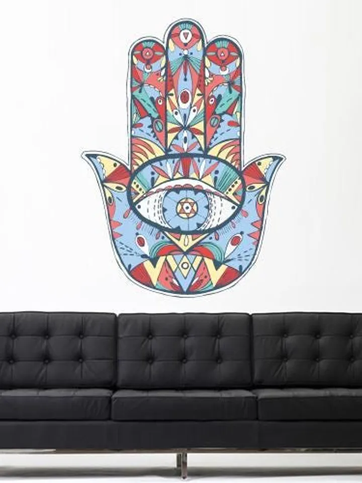 Hamsa Hand Wall Decal – Colorful Vinyl Sticker with Evil Eye, Boho Protection Symbol for Living Room, Meditation Space or Yoga Studio col781